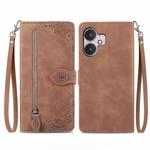 For Xiaomi Redmi 13C 5G Embossed Flower Zipper Leather Phone Case(Brown)