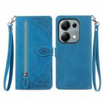 For Xiaomi Poco M6 Pro 4G Embossed Flower Zipper Leather Phone Case(Blue)