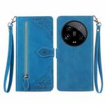 For Xiaomi  14 Ultra Embossed Flower Zipper Leather Phone Case(Blue)