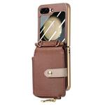 For Samsung Galaxy Z Flip5 5G Crossbody Litchi Electroplated Case-film Integrated Zipper Wallet Phone Case(Brown)