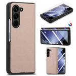 For Samsung Galaxy Z Fold5 5G Litchi Integrated Film Electroplated Magnetic Hinge Leather Phone Case(Khaki)