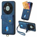 For Huawei Mate 60 Pro Retro Card Wallet Fold Leather Phone Case with Strap(Blue)