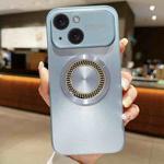 For iPhone 15 Large Window Diamond Magnifier Magnetic Phone Case(Sierra Blue)