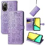 For Realme C67 4G Cat and Dog Embossed Leather Phone Case(Purple)