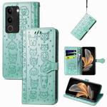 For vivo S17 Cat and Dog Embossed Leather Phone Case(Green)