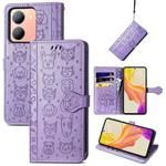 For vivo Y78 Cat and Dog Embossed Leather Phone Case(Purple)