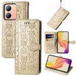 For vivo Y78 Cat and Dog Embossed Leather Phone Case(Gold)