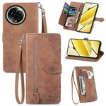 For Realme 11 5G Global Embossed Flower Zipper Leather Phone Case(Brown)