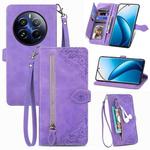 For Realme 12 Pro Embossed Flower Zipper Leather Phone Case(Purple)