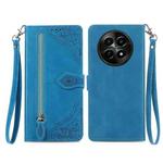 For Realme 12 Embossed Flower Zipper Leather Phone Case(Blue)