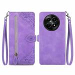 For Realme 12 Embossed Flower Zipper Leather Phone Case(Purple)
