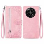 For Realme 12 Embossed Flower Zipper Leather Phone Case(Pink)