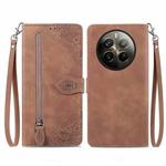 For Realme 12 Pro+ Embossed Flower Zipper Leather Phone Case(Brown)