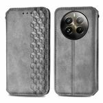 For  Realme 12+ Cubic Grid Pressed Magnetic Leather Phone Case(Grey)