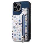 For iPhone 15 Pro Max Retro Painted Zipper Wallet Back Phone Case(Blue)