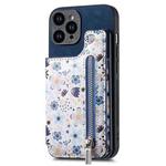 For iPhone 15 Pro Retro Painted Zipper Wallet Back Phone Case(Blue)