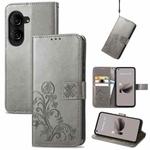 For ASUS Zenfone 10 Four-leaf Clasp Embossed Buckle Leather Phone Case(Grey)
