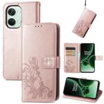 For OnePlus Nord 3 Four-leaf Clasp Embossed Buckle Leather Phone Case(Rose Gold)