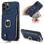 For iPhone 15 Pro Max Cross Leather Ring Vertical Zipper Wallet Back Phone Case(Blue)