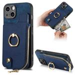 For iPhone 15 Plus Cross Leather Ring Vertical Zipper Wallet Back Phone Case(Blue)