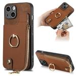For iPhone 14 Cross Leather Ring Vertical Zipper Wallet Back Phone Case(Brown)