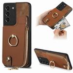 For Samsung Galaxy S21 5G Cross Leather Ring Vertical Zipper Wallet Back Phone Case(Brown)