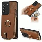 For Samsung Galaxy S21+ 5G Cross Leather Ring Vertical Zipper Wallet Back Phone Case(Brown)