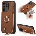 For Samsung Galaxy S20 Ultra Cross Leather Ring Vertical Zipper Wallet Back Phone Case(Brown)