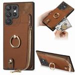 For Samsung Galaxy S22 Ultra 5G Cross Leather Ring Vertical Zipper Wallet Back Phone Case(Brown)