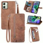 For Motorola Moto  G54 5G Embossed Flower Zipper Leather Phone Case(Brown)