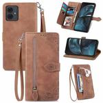 For  Motorola Moto  G14 Embossed Flower Zipper Leather Phone Case(Brown)