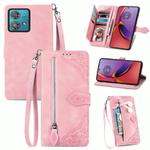 For Motorola Moto G84 Embossed Flower Zipper Leather Phone Case(Pink)