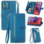 For Motorola Moto G84 Embossed Flower Zipper Leather Phone Case(Blue)