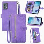 For Motorola Moto G 5G 2023 Embossed Flower Zipper Leather Phone Case(Purple)