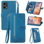 For Motorola Moto G 85 Embossed Flower Zipper Leather Phone Case(Blue)