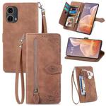 For Motorola Moto G 85 Embossed Flower Zipper Leather Phone Case(Brown)