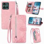 For Motorola Edge 2024 Embossed Flower Zipper Leather Phone Case(Pink)