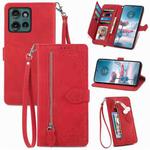 For Motorola Edge 2024 Embossed Flower Zipper Leather Phone Case(Red)