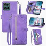 For Motorola Edge 2024 Embossed Flower Zipper Leather Phone Case(Purple)