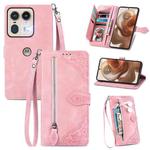 For Motorola Edge 50 Ultra Embossed Flower Zipper Leather Phone Case(Pink)