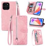 For Honor X6a Embossed Flower Zipper Leather Phone Case(Pink)