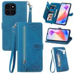 For Honor X6a Embossed Flower Zipper Leather Phone Case(Blue)