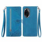 For Honor 100 Pro Embossed Flower Zipper Leather Phone Case(Blue)