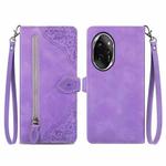 For Honor 100 Pro Embossed Flower Zipper Leather Phone Case(Purple)