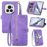 For Honor Magic6 Pro Embossed Flower Zipper Leather Phone Case(Purple)