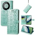 For Huawei Mate 60 Cat and Dog Embossed Leather Phone Case(Green)