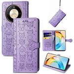 For Honor X50 Cat and Dog Embossed Leather Phone Case(Purple)