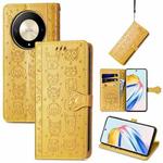 For Honor X9b Cat and Dog Embossed Leather Phone Case(Yellow)