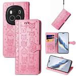 For Honor Magic6 Pro Cat and Dog Embossed Leather Phone Case(Pink)