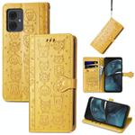 For Motorola Moto G14 Cat and Dog Embossed Leather Phone Case(Yellow)